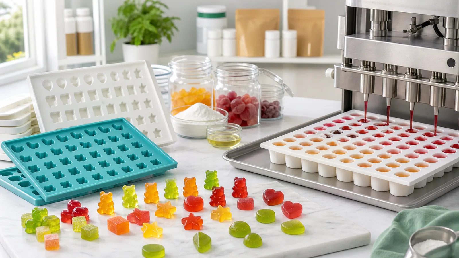 Realistic gummy production scene with silicone mold trays